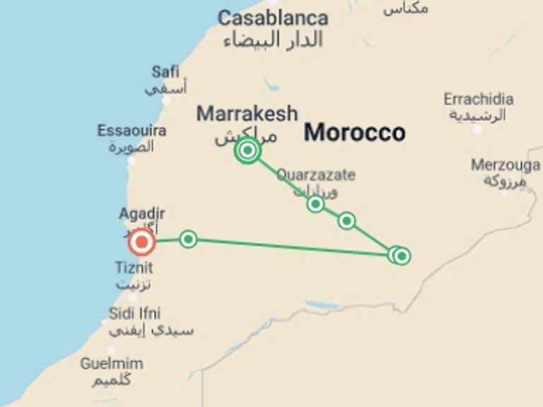 Map of 6-Day Marrakech Tour with 6 destination visits for the trip: Sahara And South, Private Tour