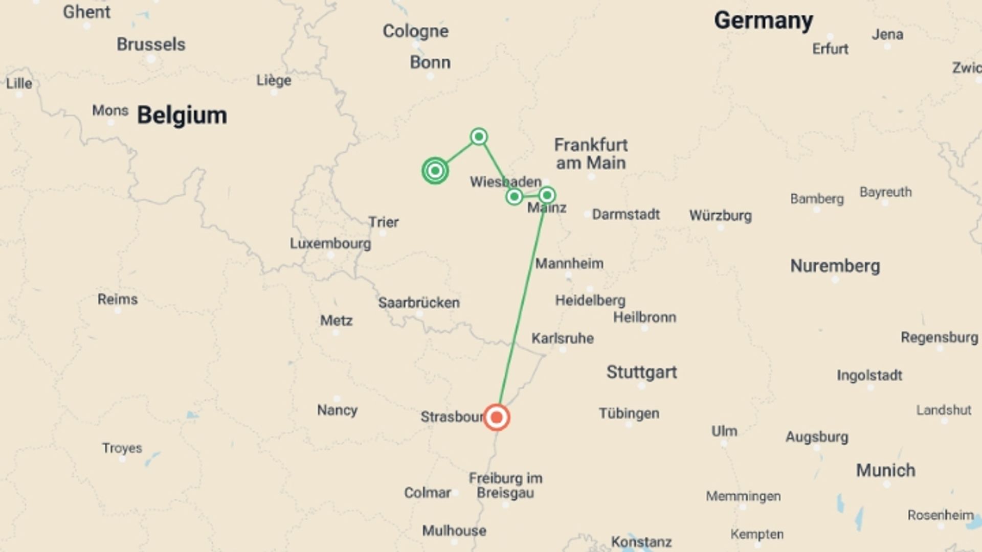 A map showing the tour itinerary for the trip: The Rhine & Moselle, starting in Cochem, Germany and ending in Strasbourg, France going through 3 other destinations.