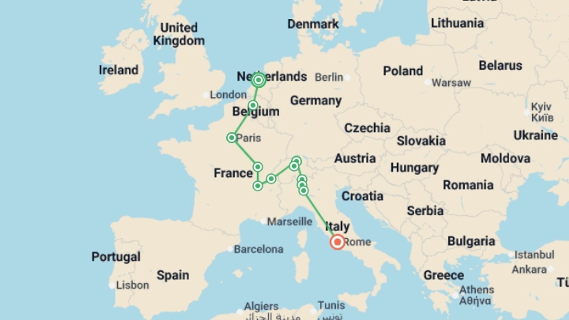 A map showing the tour itinerary for the trip: Romantic Cities, starting in Amsterdam, Holland and ending in Rome, Italy going through 4 other destinations.