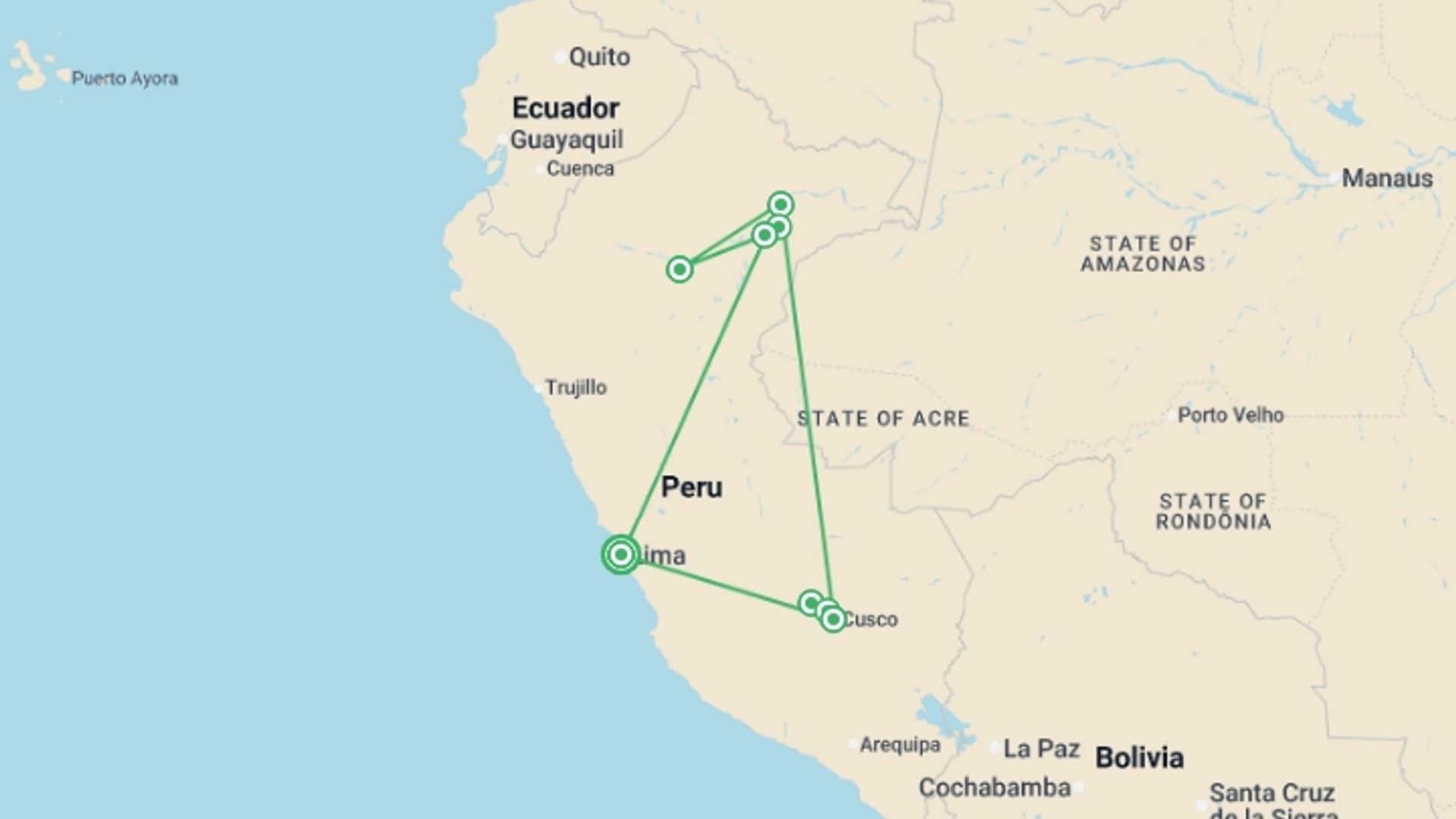 A map showing the tour itinerary for the trip: Peruvian Amazon & Machu Picchu Exploration (2027), starting in Lima, Peru and ending in Lima, Peru going through 6 other destinations.
