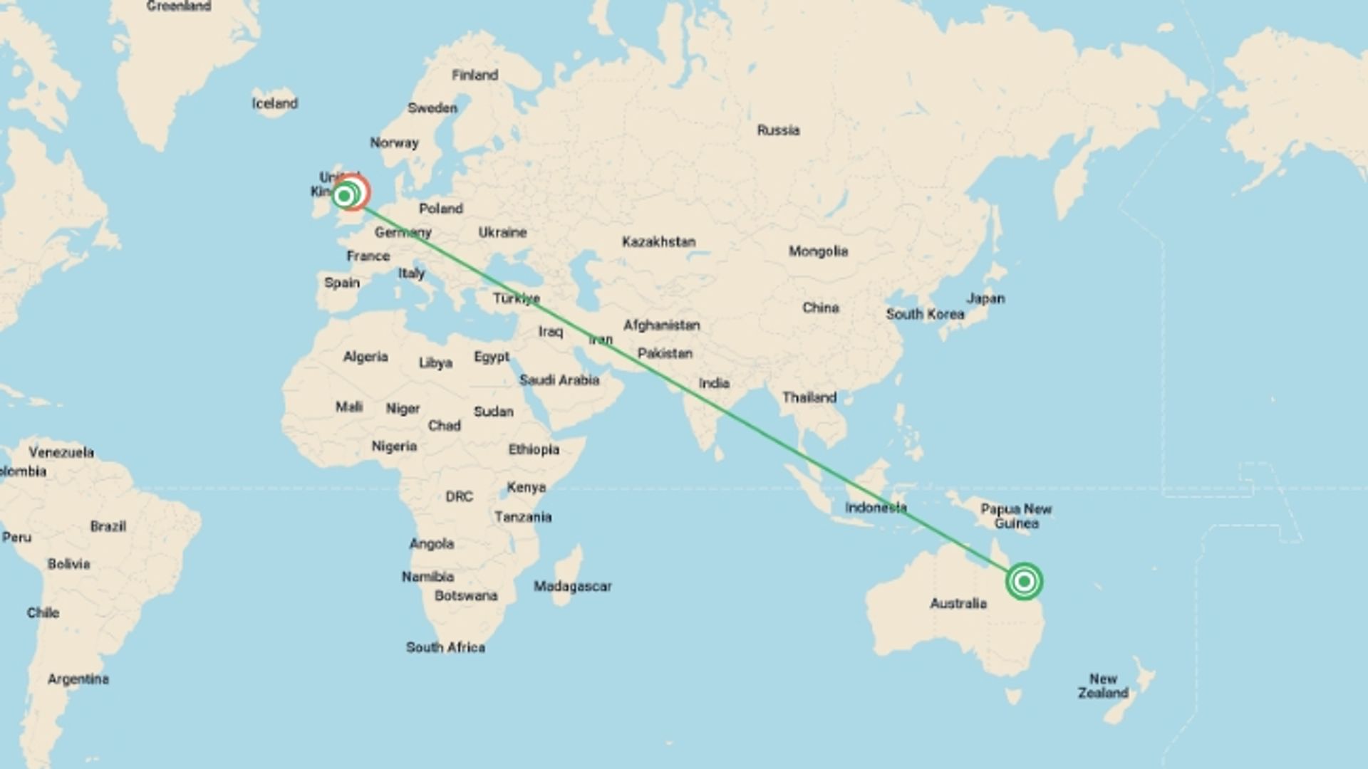 A map showing the tour itinerary for the trip: The Cyclist's Coast to Coast, starting in Whitehaven Beach, Australia and ending in Tynemouth , England going through 4 other destinations.