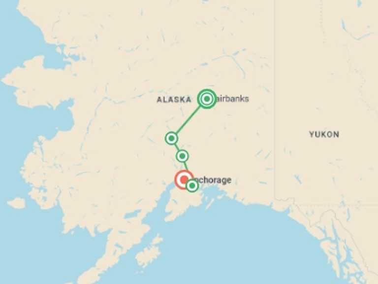Map of Anchorage Tour with 5 destination visits for the trip: Signature: Alaska's Fairbanks, Denali & the Kenai Peninsula