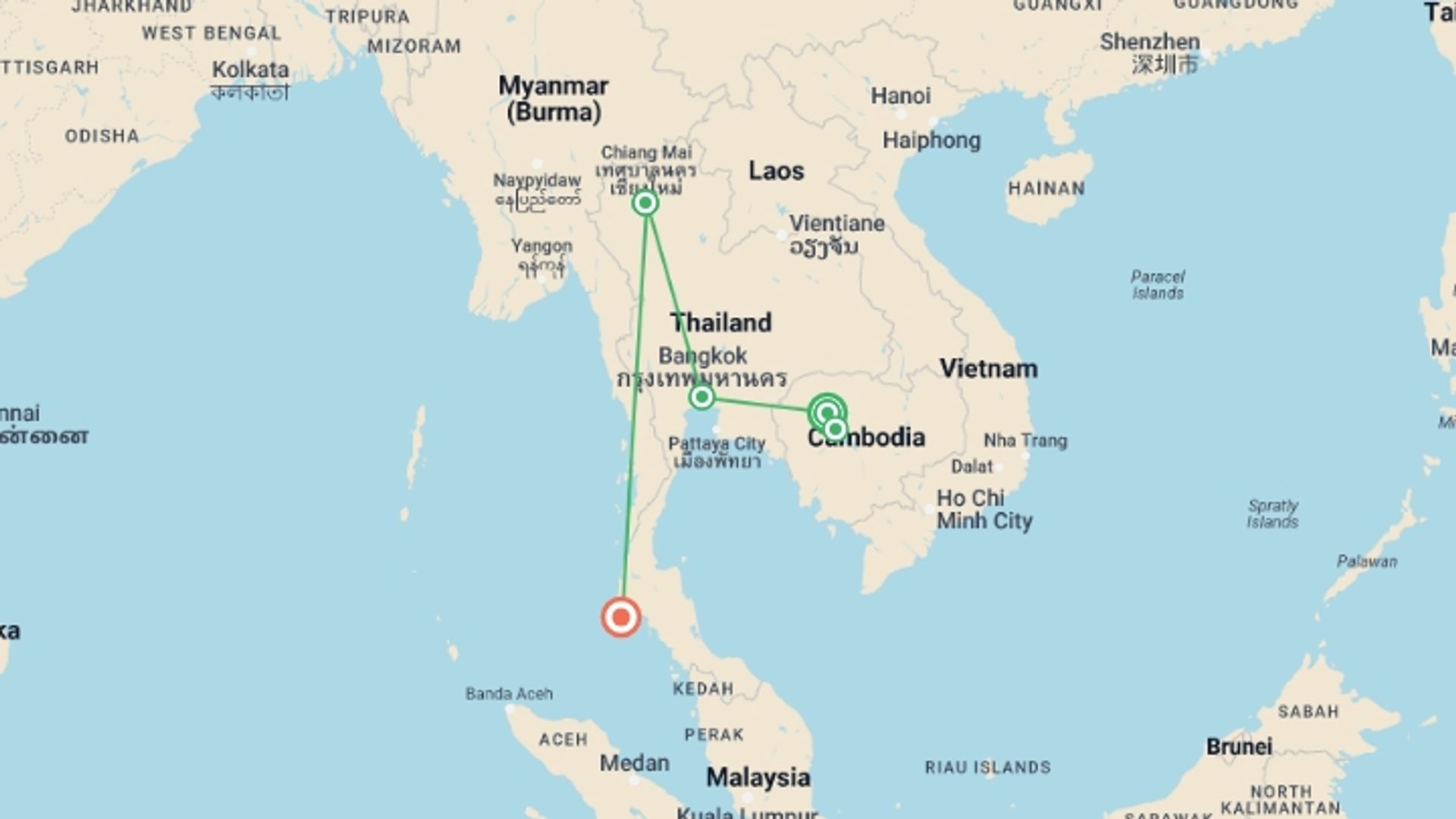 A map showing the tour itinerary for the trip: Discover the best of Cambodia and Thailand, starting in Siem Reap, Cambodia and ending in Phuket, Thailand going through 4 other destinations.