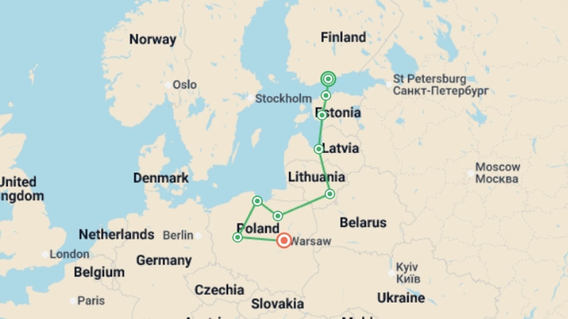 A map showing the tour itinerary for the trip: Helsinki to Warsaw, starting in Helsinki, Finland and ending in Warsaw, Poland going through 5 other destinations.