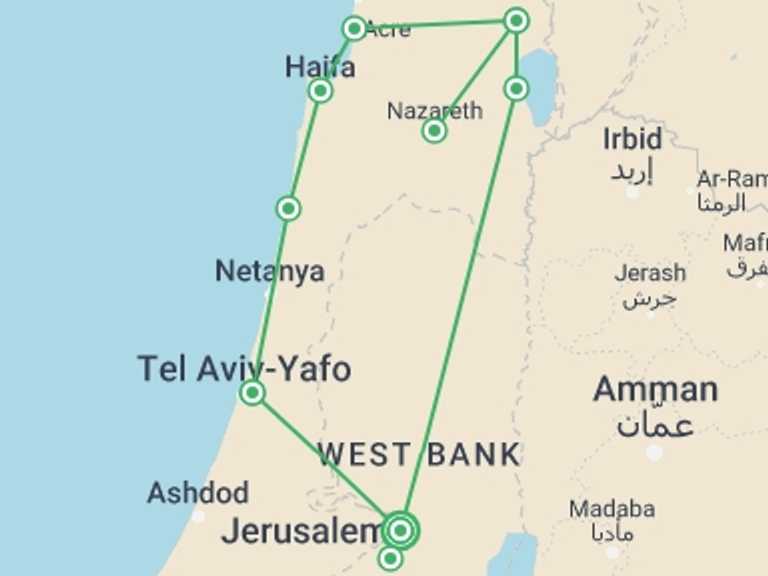 Map of Jerusalem Tour with 3 destination visits for the trip: Holyland Highlights, Spanish-speaking Guide (wednesday)