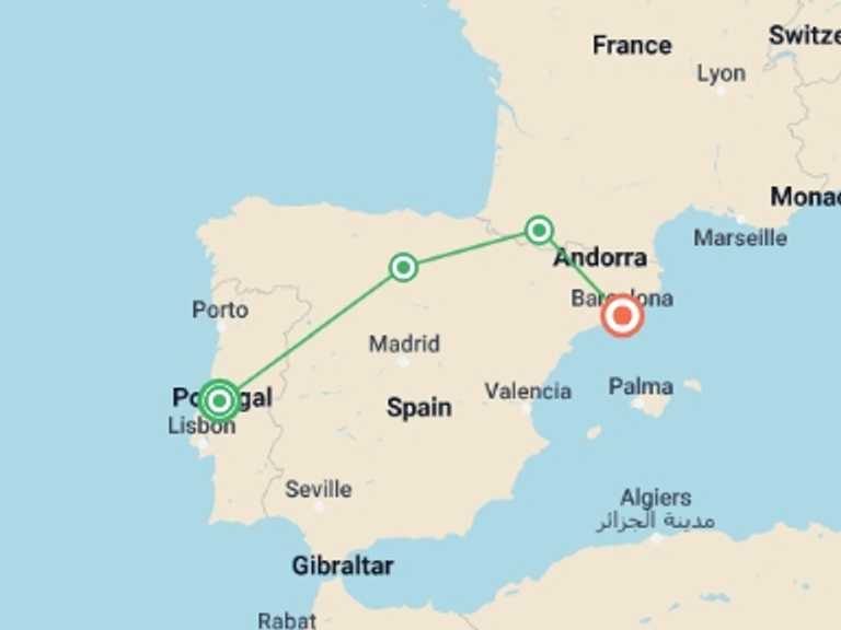 Map of Fátima Cultural, religious and historic sites Tour with 2 destination visits for the trip: Pilgrimage to Fatima & Lourdes with Barcelona 