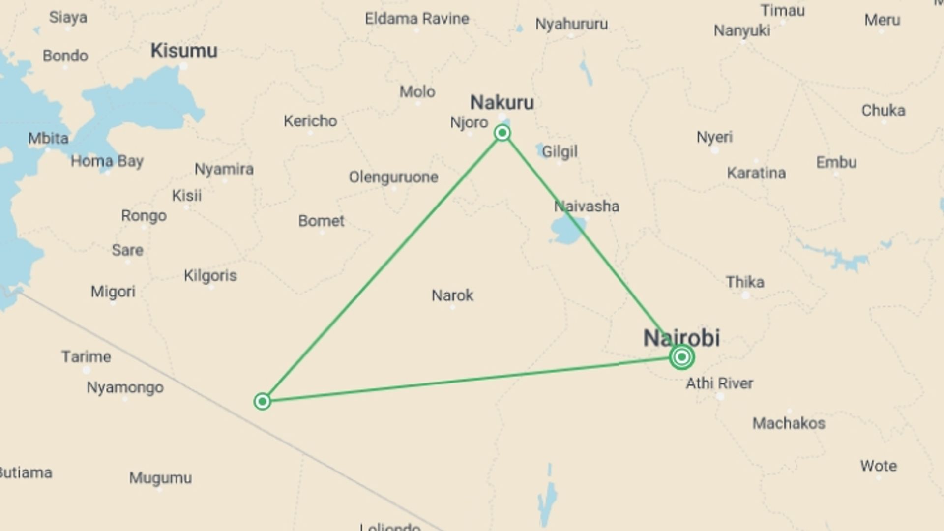 A map showing the tour itinerary for the trip: 4 Days Masai Mara and Lake Nakuru Budget Travel, starting in Nairobi, Kenya and ending in Nairobi, Kenya going through 3 other destinations.