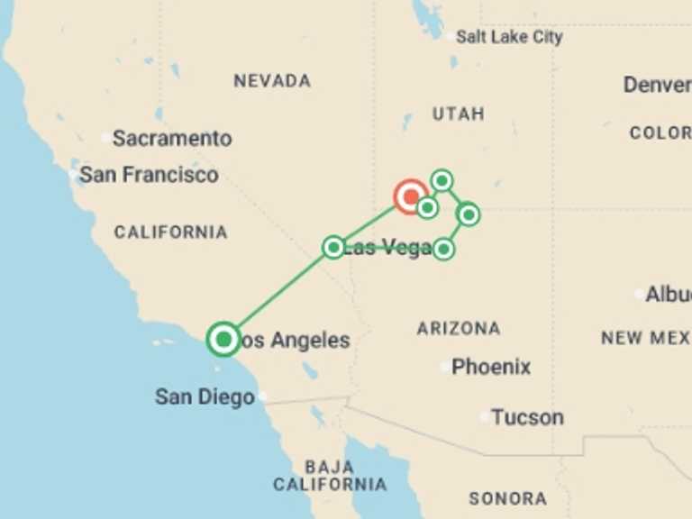 Map itinerary of North America Tour in June 2026 with 5 destination visits for the trip: LA to Vegas & Grand Canyon - 4 days