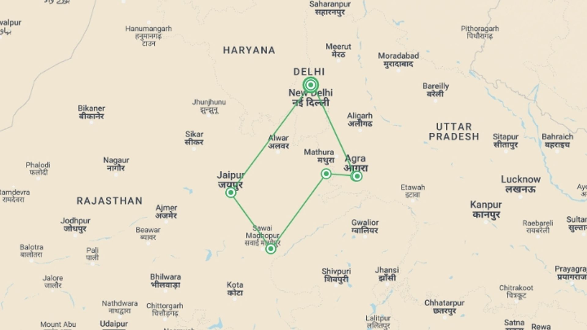 A map showing the tour itinerary for the trip: Taj, Tigers & Majestic Forts, starting in New Delhi, India and ending in New Delhi, India going through 6 other destinations.