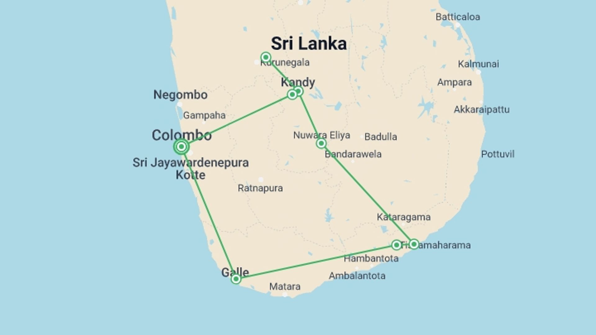 A map showing the tour itinerary for the trip: Vivacious Sri Lanka, starting in Colombo, Sri Lanka and ending in Colombo, Sri Lanka going through 4 other destinations.