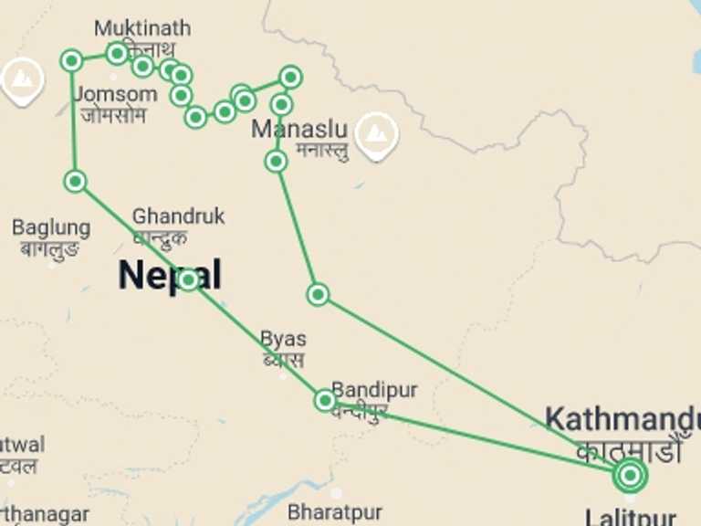 Map of 20-Day Kathmandu Tour with 17 destination visits for the trip: Annapurna Circuit & Nar Phu Valley Trek
