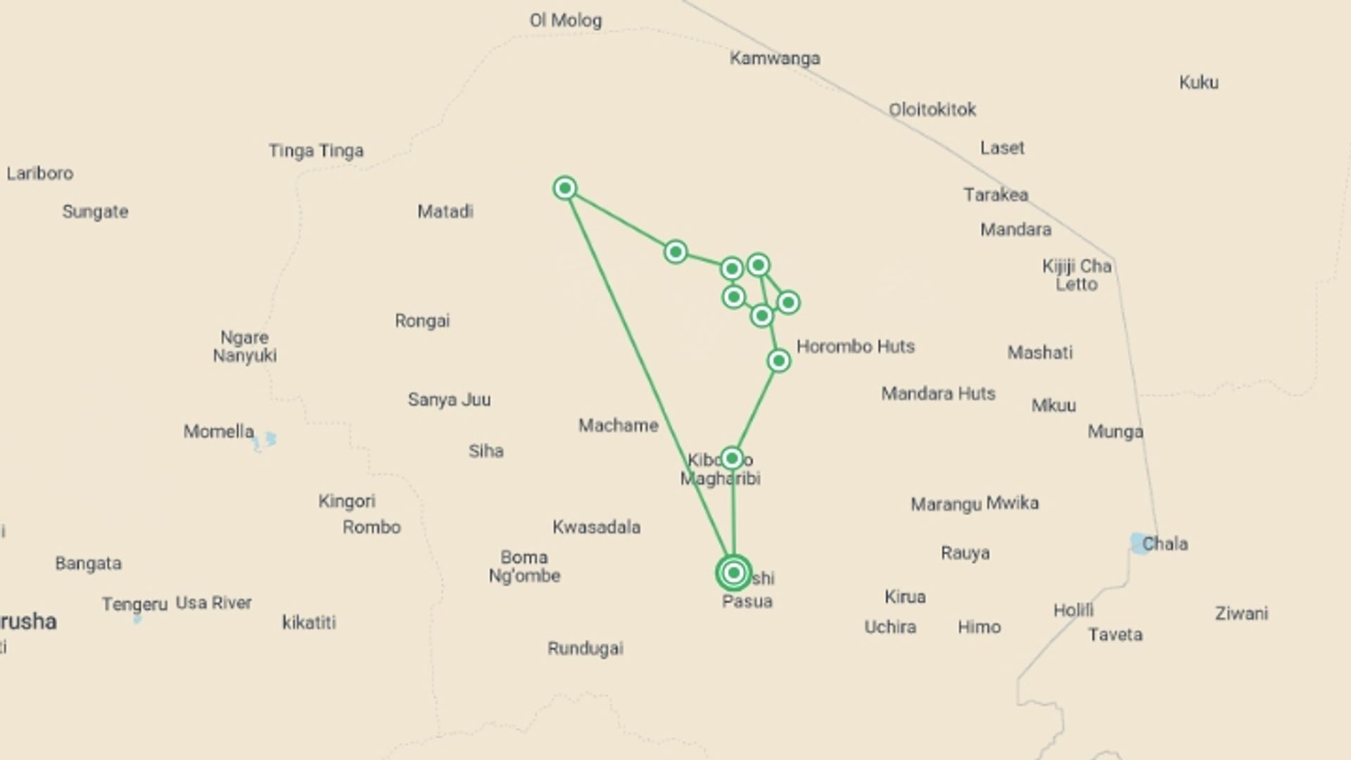 A map showing the tour itinerary for the trip: 7 Days Mount Kilimanjaro Trekking - Lemosho Route, starting in Moshi, Tanzania and ending in Moshi, Tanzania going through 7 other destinations.