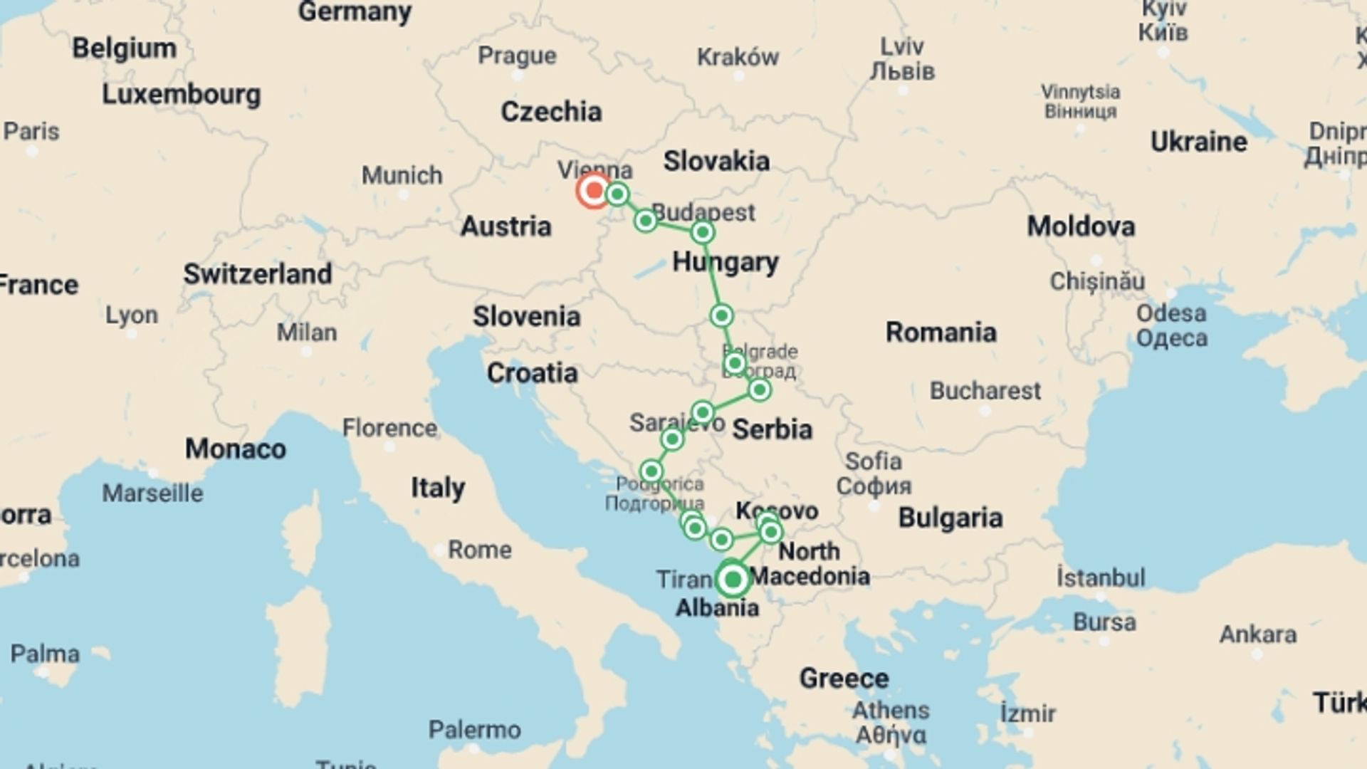 A map showing the tour itinerary for the trip: Small Group Tour; Balkans & Central Europe Tirana-Vienna, starting in Tirana, Albania and ending in Vienna, Austria going through 12 other destinations.