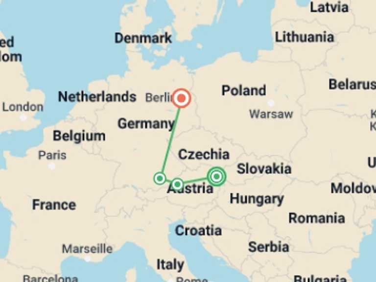 Map of Europe Tour with 4 destination visits for the trip: Christmas in Central Europe, Vienna to Berlin