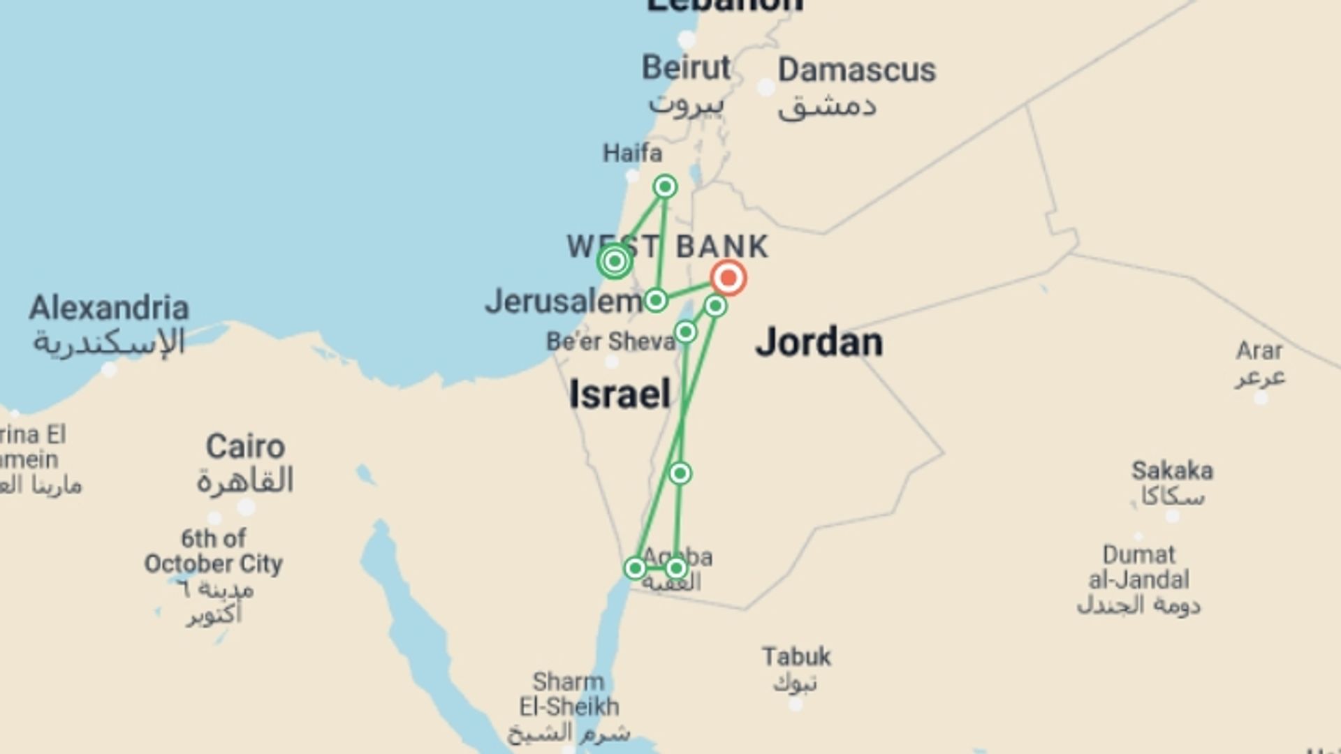 A map showing the tour itinerary for the trip: Israel and Jordan, starting in Tel Aviv, Israel and ending in Amman, Jordan going through 6 other destinations.