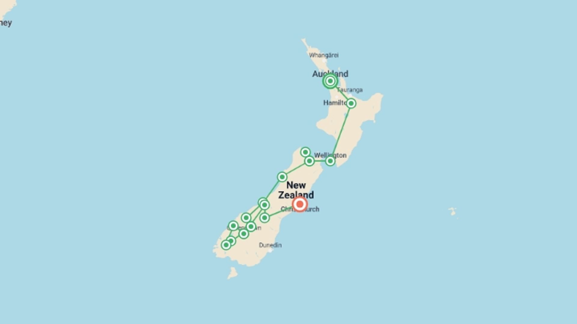 A map showing the tour itinerary for the trip: Auckland to Christchurch - 16 days, starting in Auckland, New Zealand and ending in Christchurch, New Zealand going through 8 other destinations.