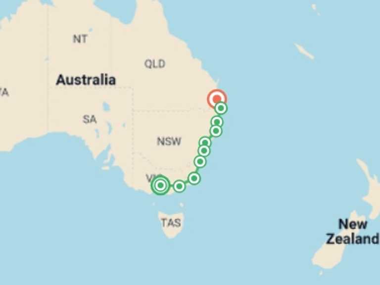Map of a Adventure and sport Tour with 10 destination visits for the trip: Melbourne to Brisbane Adventure