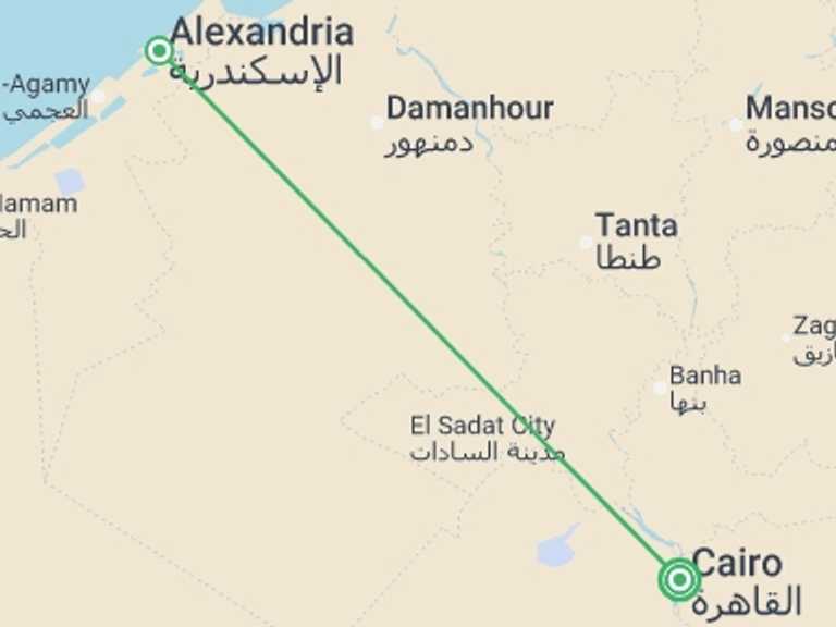 Map itinerary of Mediterranean Tour in June 2026 with 2 destination visits for the trip: Cairo & Alexandria Uncovered - 6 days