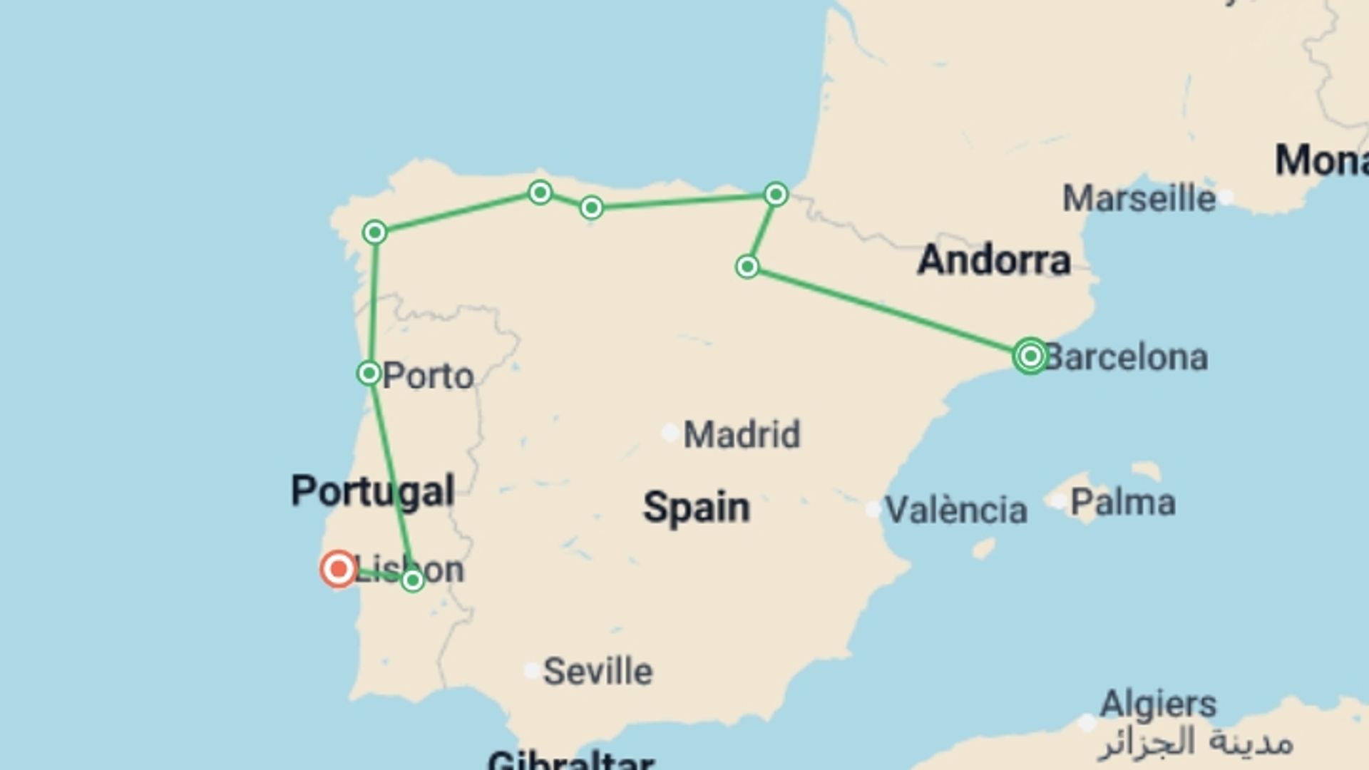 A map showing the tour itinerary for the trip: Spain & Portugal Real Food Adventure, starting in Barcelona, Spain and ending in Lisbon, Portugal going through 7 other destinations.