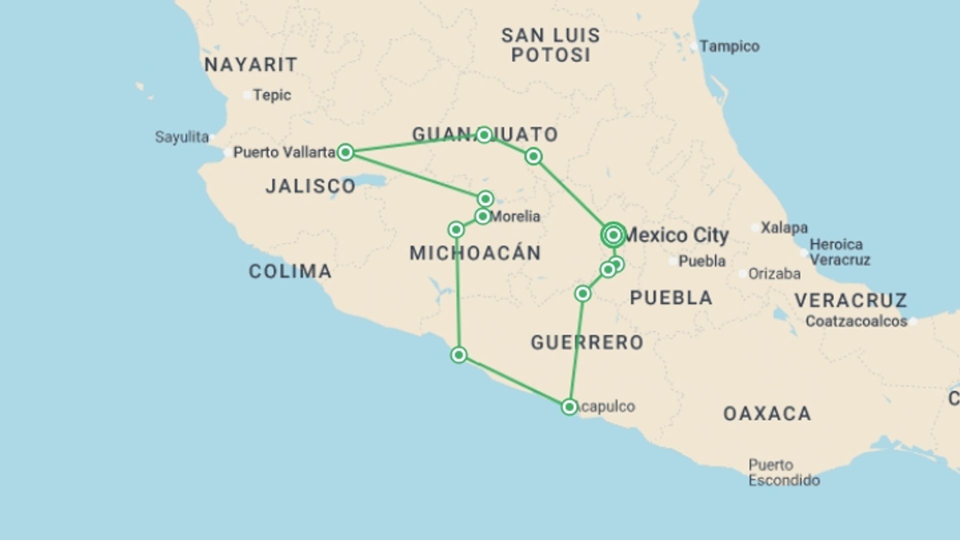 A map showing the tour itinerary for the trip: My Heart Beats for Mexico, starting in Mexico City, Mexico and ending in Mexico City, Mexico going through 7 other destinations.