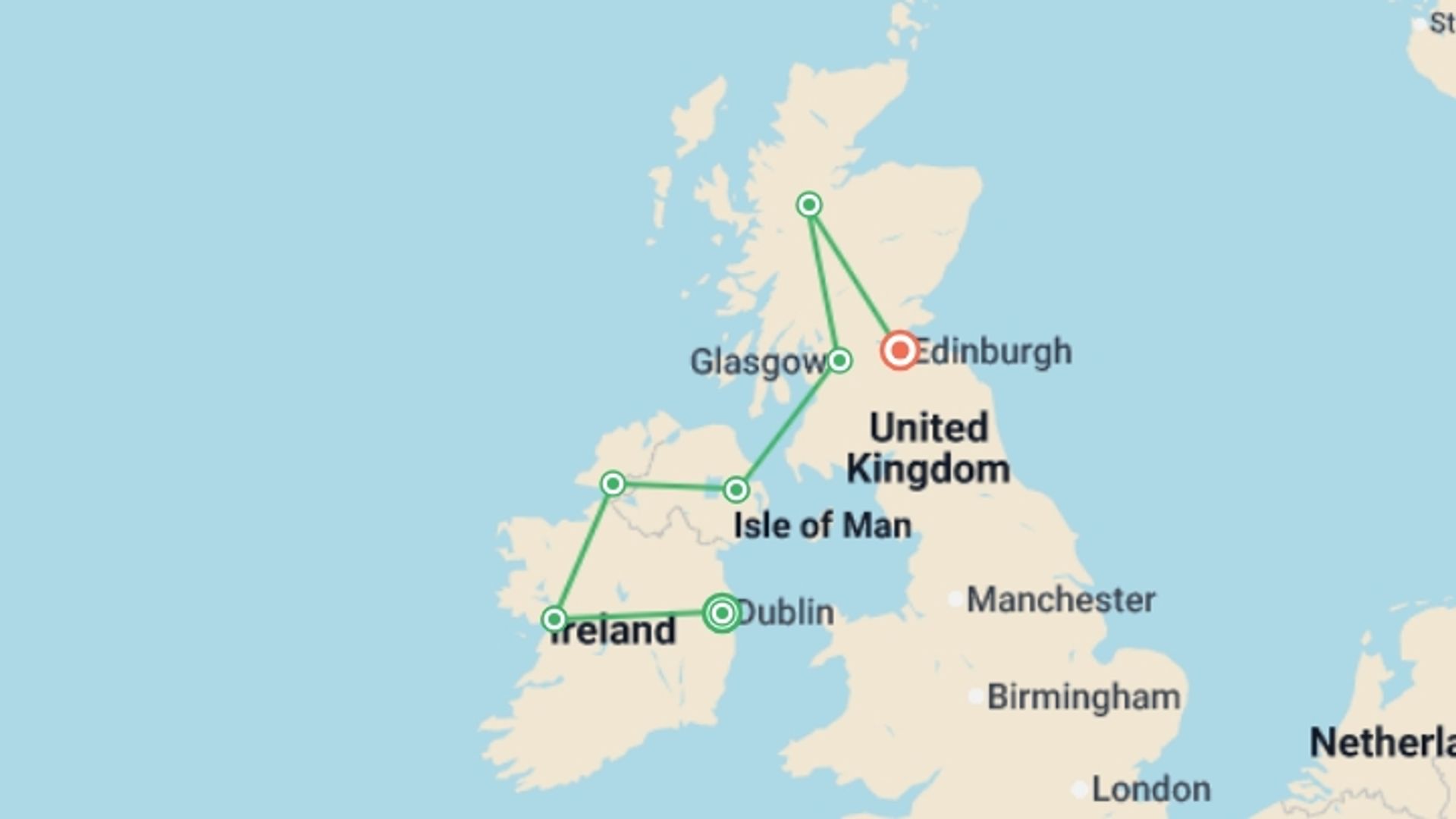 A map showing the tour itinerary for the trip: Highlights of Ireland and Scotland, starting in Dublin, Ireland and ending in Edinburgh, Scotland going through 5 other destinations.