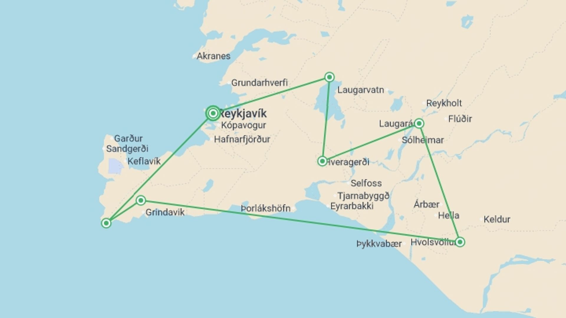 A map showing the tour itinerary for the trip: Iceland's Golden Circle in Depth, starting in Reykjavik, Iceland and ending in Reykjavik, Iceland going through 3 other destinations.