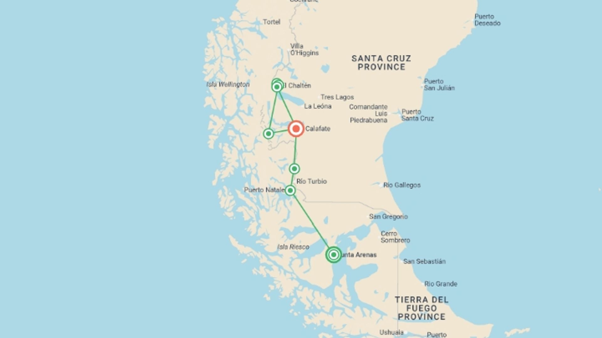 A map showing the tour itinerary for the trip: Majestic Peaks of Patagonia - GROUP TOUR, starting in Punta Arenas, Chile and ending in El Calafate, Argentina going through 7 other destinations.