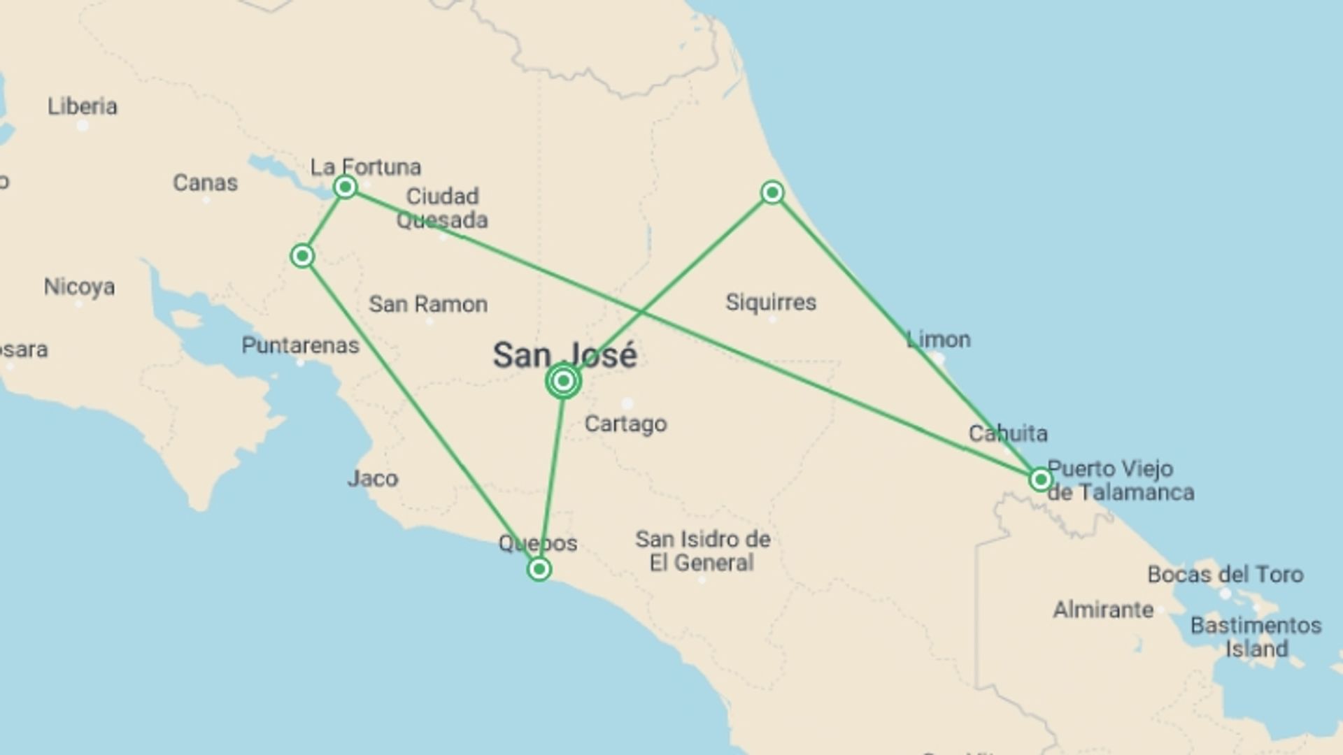 A map showing the tour itinerary for the trip: Complete Costa Rica 15 Days, starting in San Jose, Costa Rica and ending in San Jose, Costa Rica going through 5 other destinations.
