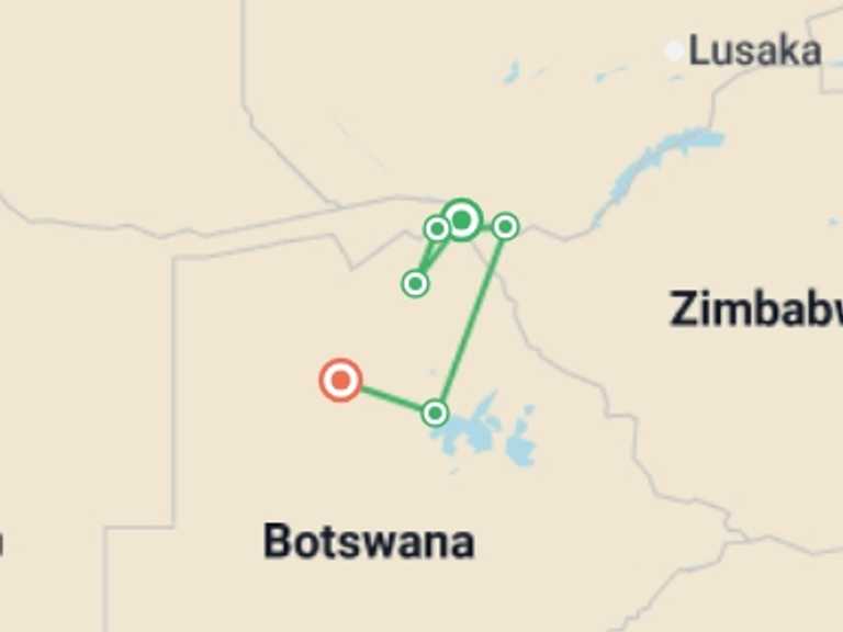 Map of Africa Wildlife safaris and game drives Tour with 6 destination visits for the trip: Premium Botswana