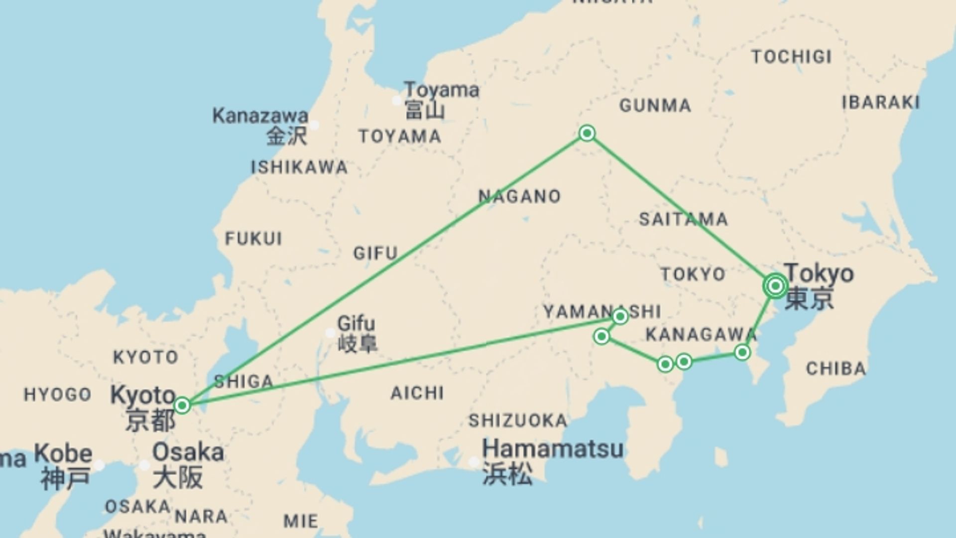 A map showing the tour itinerary for the trip: Corners of Japan with Mount Fuji, starting in Tokyo, Japan and ending in Tokyo, Japan going through 3 other destinations.