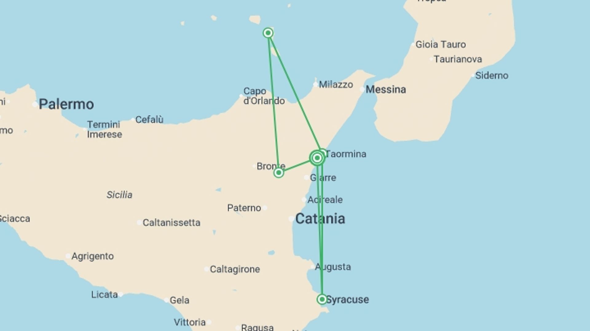 A map showing the tour itinerary for the trip: Walking In Sicily, starting in Giardini Naxos, Italy and ending in Giardini Naxos, Italy going through 5 other destinations.