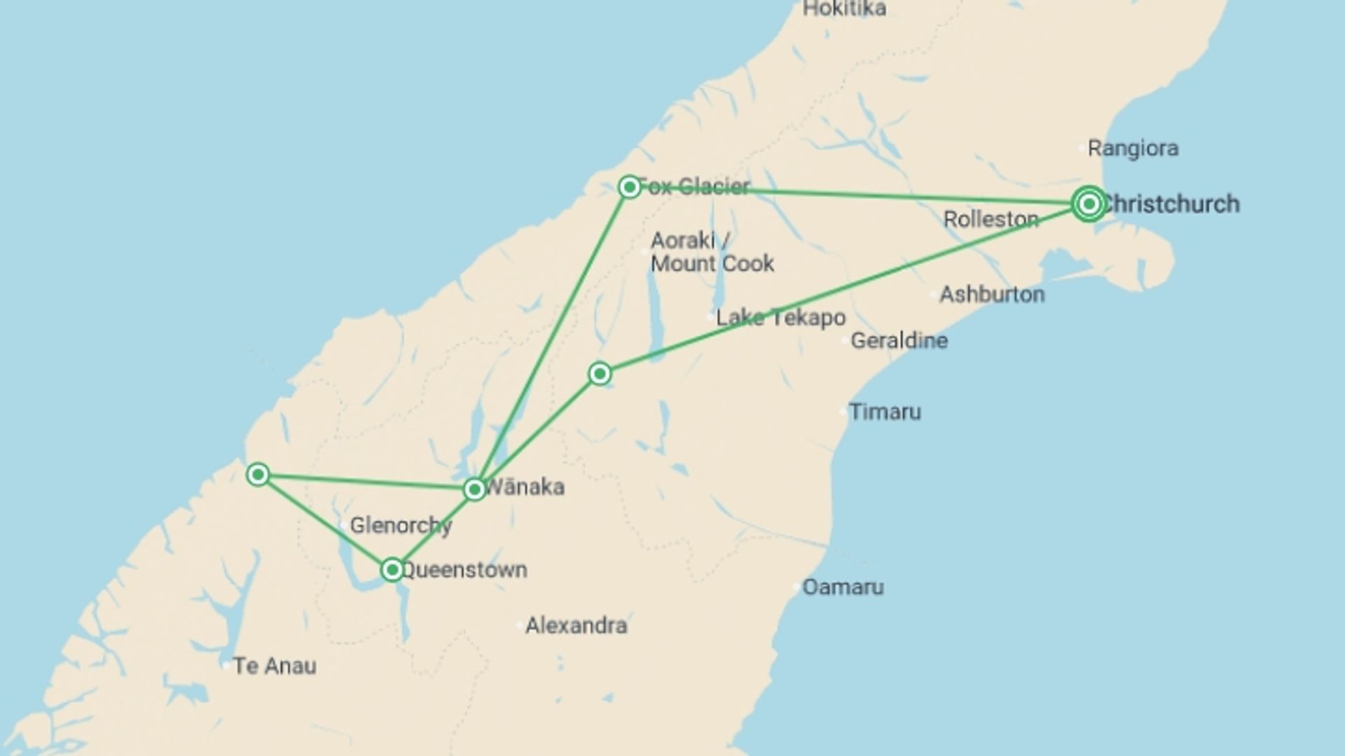 A map showing the tour itinerary for the trip: New Zealand's Southern Drift, starting in Christchurch, New Zealand and ending in Christchurch, New Zealand going through 5 other destinations.