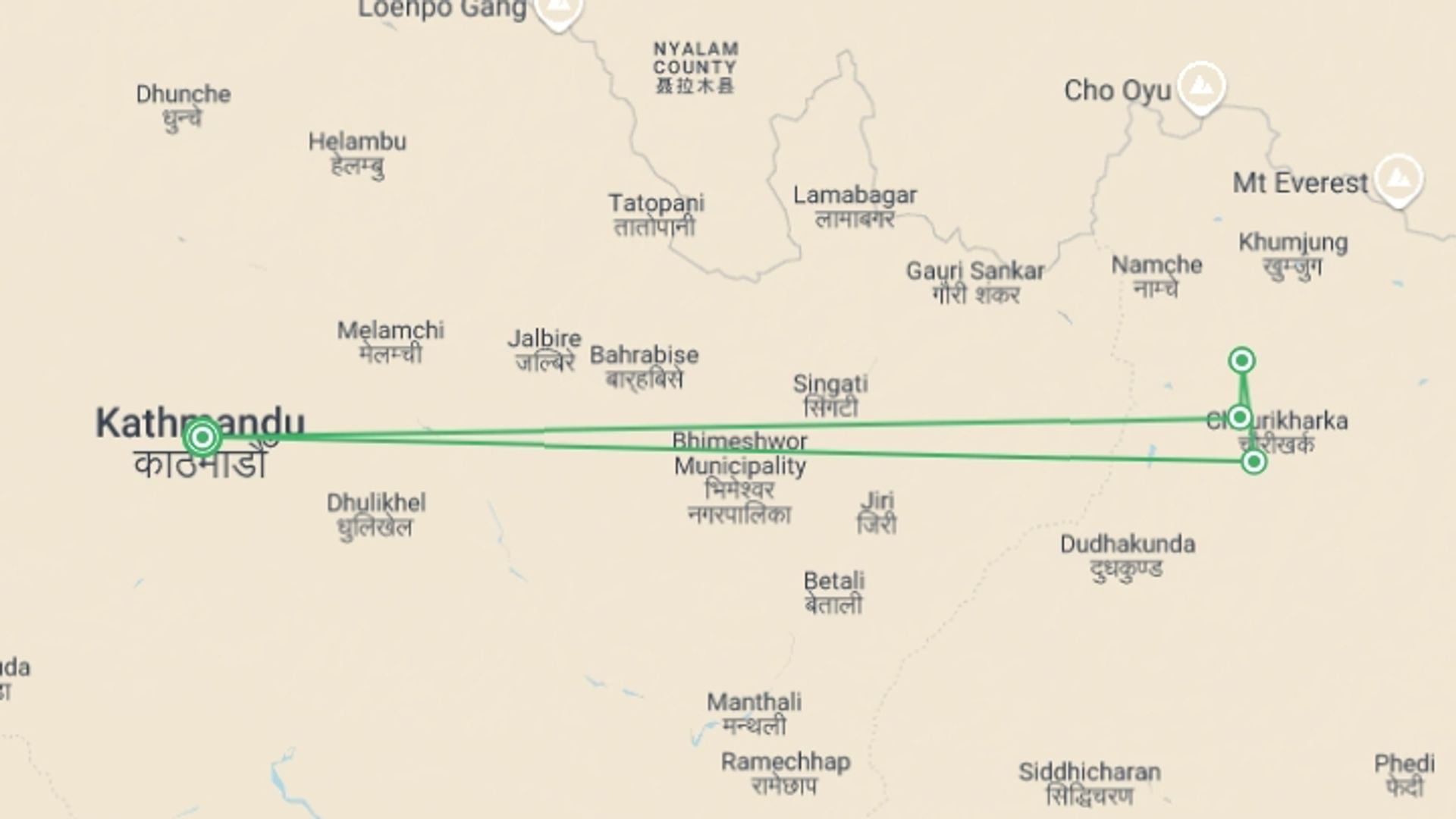 A map showing the tour itinerary for the trip: Everest View Trek, starting in Kathmandu, Nepal and ending in Kathmandu, Nepal going through 4 other destinations.