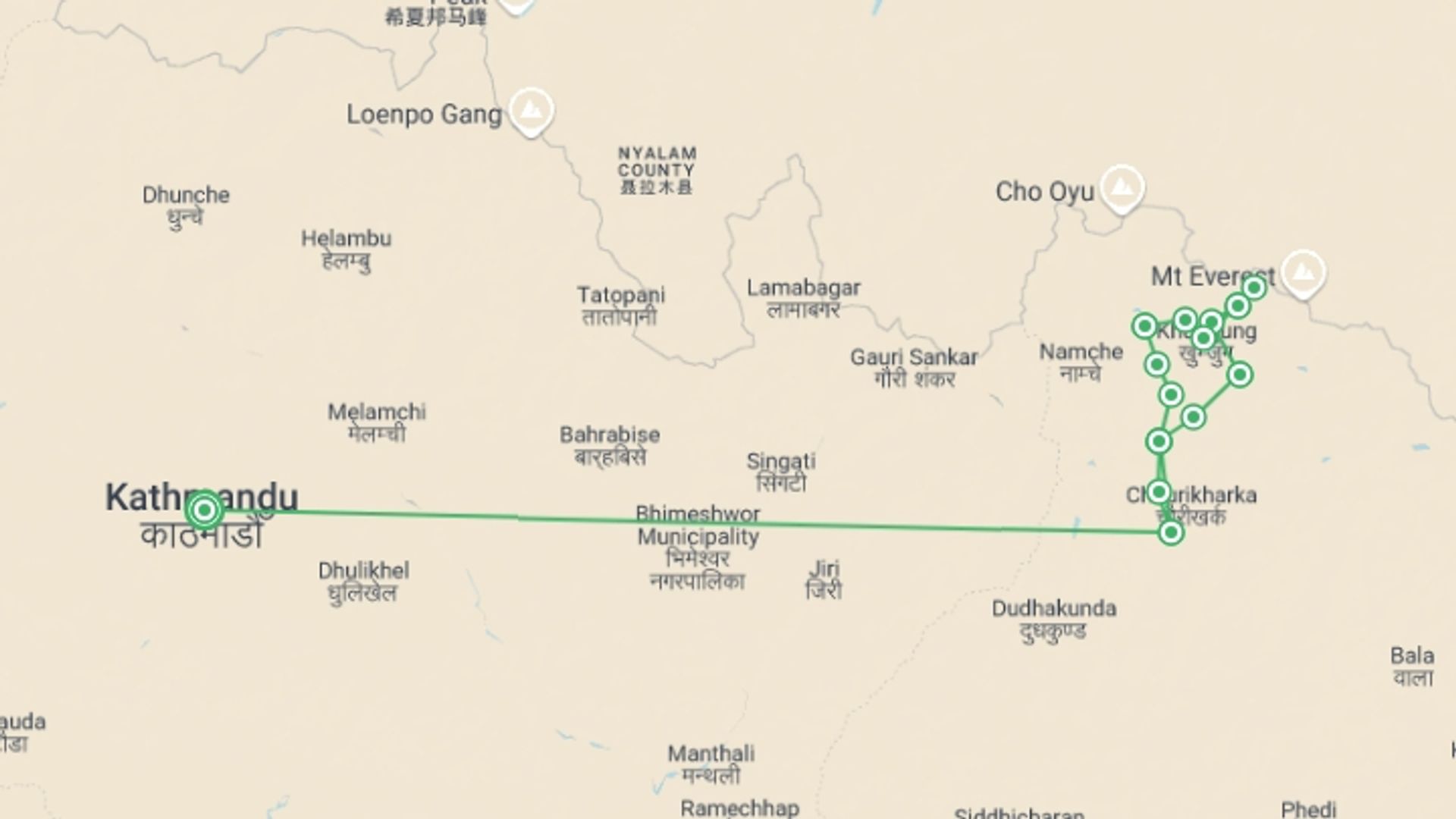 A map showing the tour itinerary for the trip: Everest & Gokyo Lakes, starting in Kathmandu, Nepal and ending in Kathmandu, Nepal going through 14 other destinations.