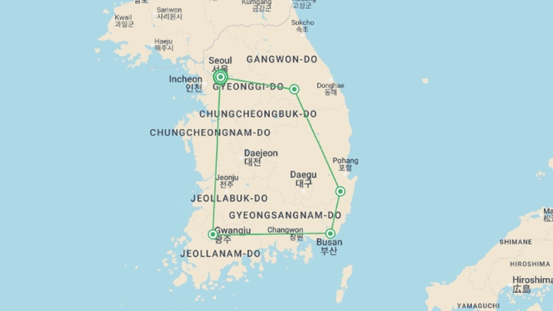 A map showing the tour itinerary for the trip: Golden Route Of Korea, starting in Seoul, South Korea and ending in Seoul, South Korea going through 4 other destinations.
