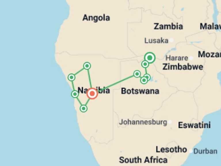 Map itinerary of Africa Tour in April 2026 with 10 destination visits for the trip: Premium Botswana & Namibia