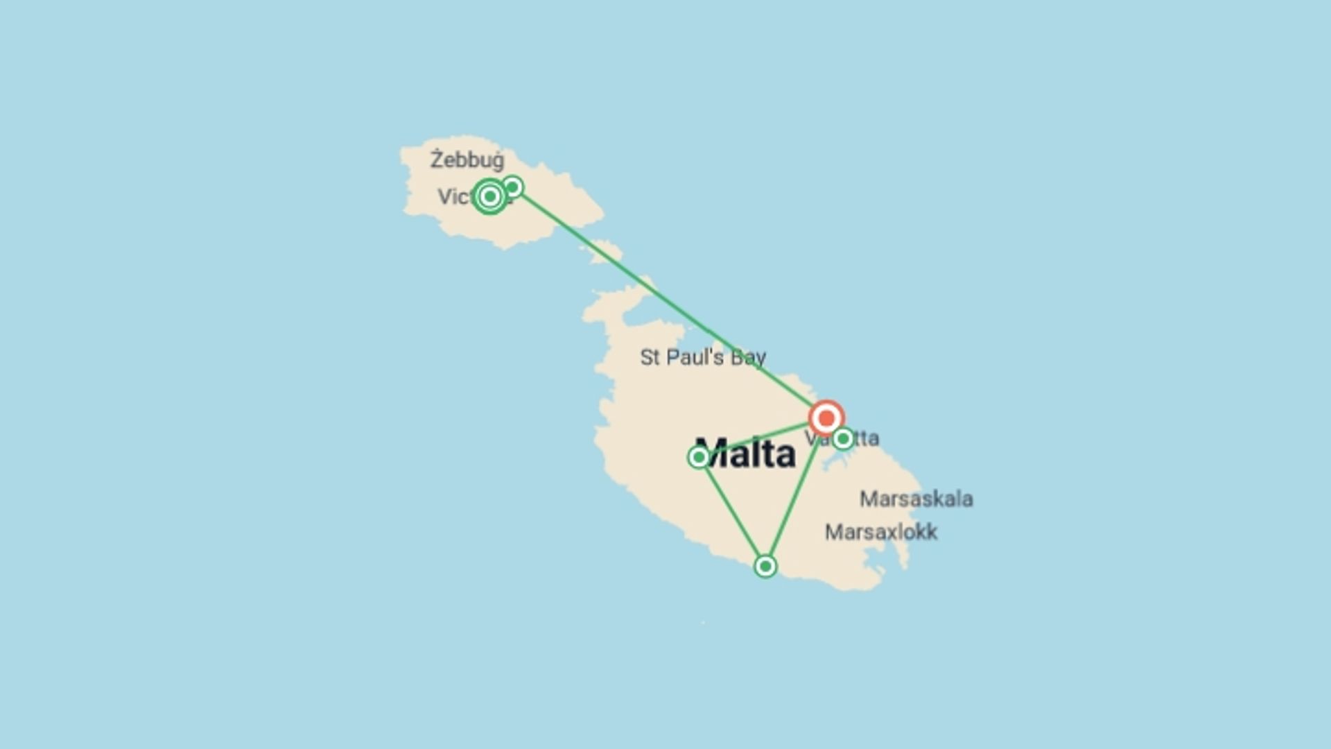 A map showing the tour itinerary for the trip: Malta and Gozo Discovery, starting in Gozo, Malta and ending in Sliema, Malta going through 4 other destinations.
