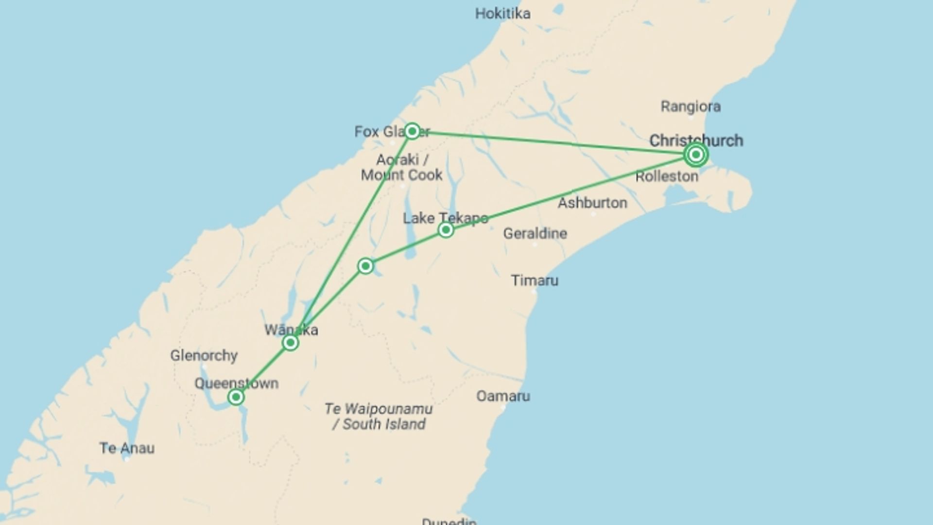 A map showing the tour itinerary for the trip: Southern Pioneer, starting in Christchurch, New Zealand and ending in Christchurch, New Zealand going through 6 other destinations.