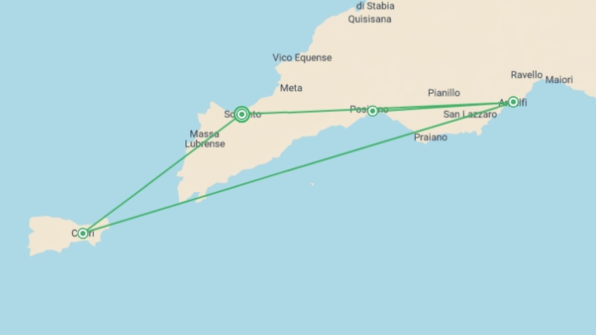 A map showing the tour itinerary for the trip: Private Mini-cruise Around Gulf Of Naples, 4 Days (conam 58) (on Request), starting in Sorrento, Italy and ending in Sorrento, Italy going through 2 other destinations.