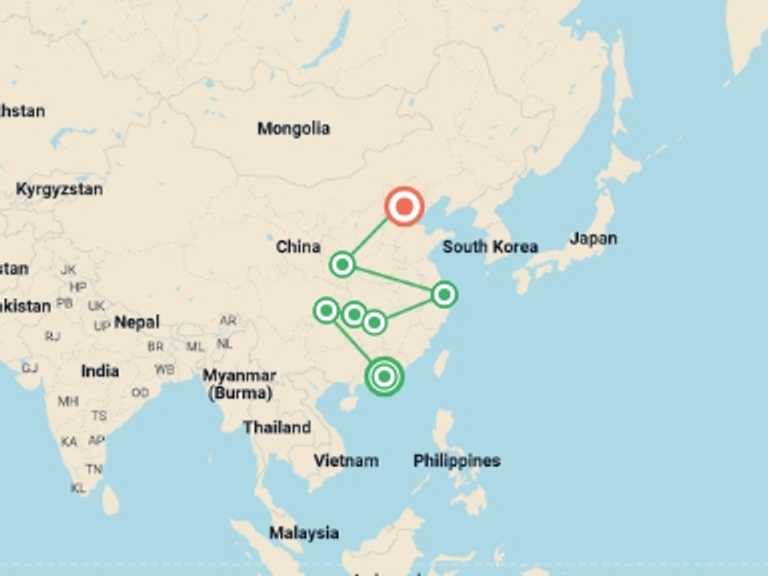 Map itinerary of Shanghai Tour in August 2026 with 8 destination visits for the trip: China Adventure
