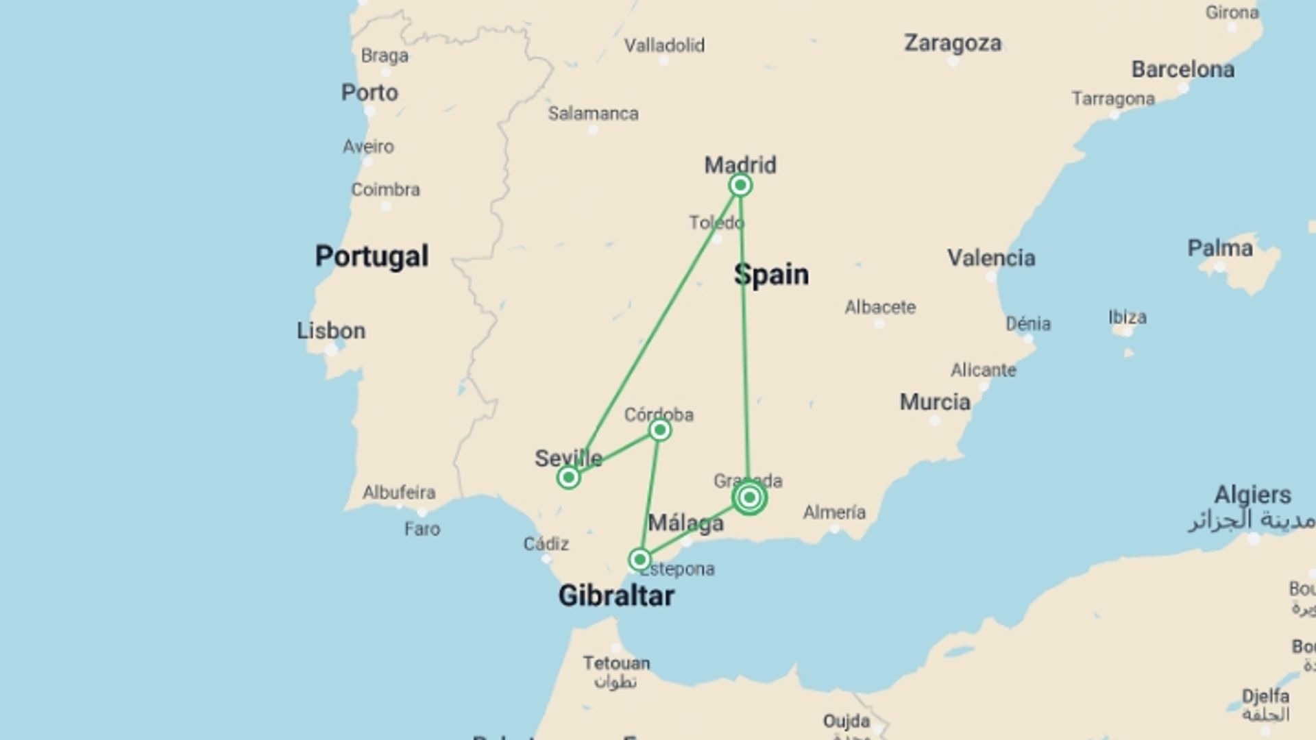 A map showing the tour itinerary for the trip: 7 Days Granada, Toledo, Madrid, Sevilla & Caceres From Costa Del Sol, starting in Granada, Spain and ending in Granada, Spain going through 4 other destinations.