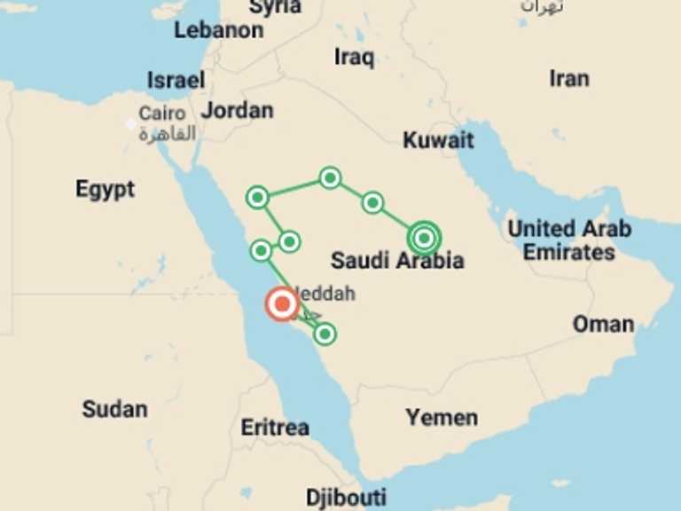 Map of a Sightseeing, attractions, culture and history Tour with 8 destination visits for the trip: Explore the Kingdom of Saudi Arabia