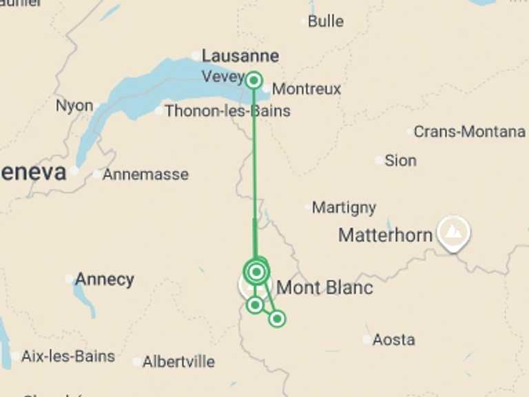 Map itinerary of Europe Tour in July 2026 with 5 destination visits for the trip: Mont Blanc Hiking Highlights