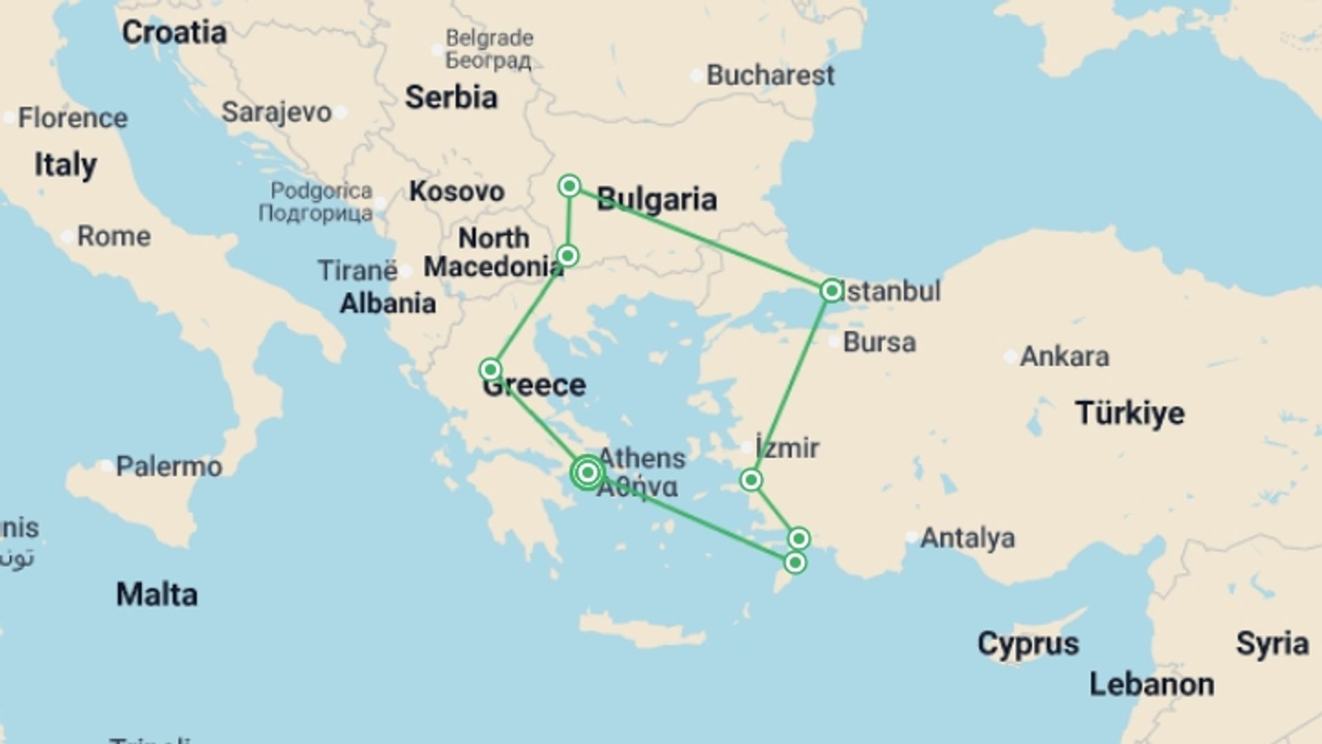 A map showing the tour itinerary for the trip: The Heart of Thrace, starting in Athens, Greece and ending in Athens, Greece going through 7 other destinations.