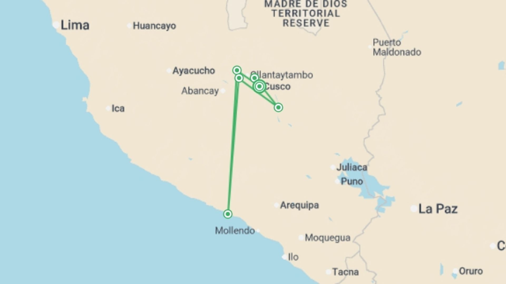 A map showing the tour itinerary for the trip: Salkantay Trek to Machu Picchu, starting in Cusco, Peru and ending in Cusco, Peru going through 7 other destinations.
