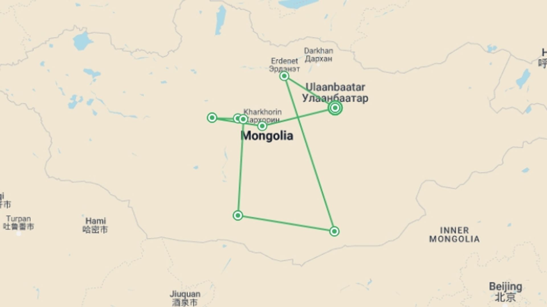 A map showing the tour itinerary for the trip: Cycling in Mongolia, starting in Ulaanbaatar, Mongolia and ending in Ulaanbaatar, Mongolia going through 7 other destinations.