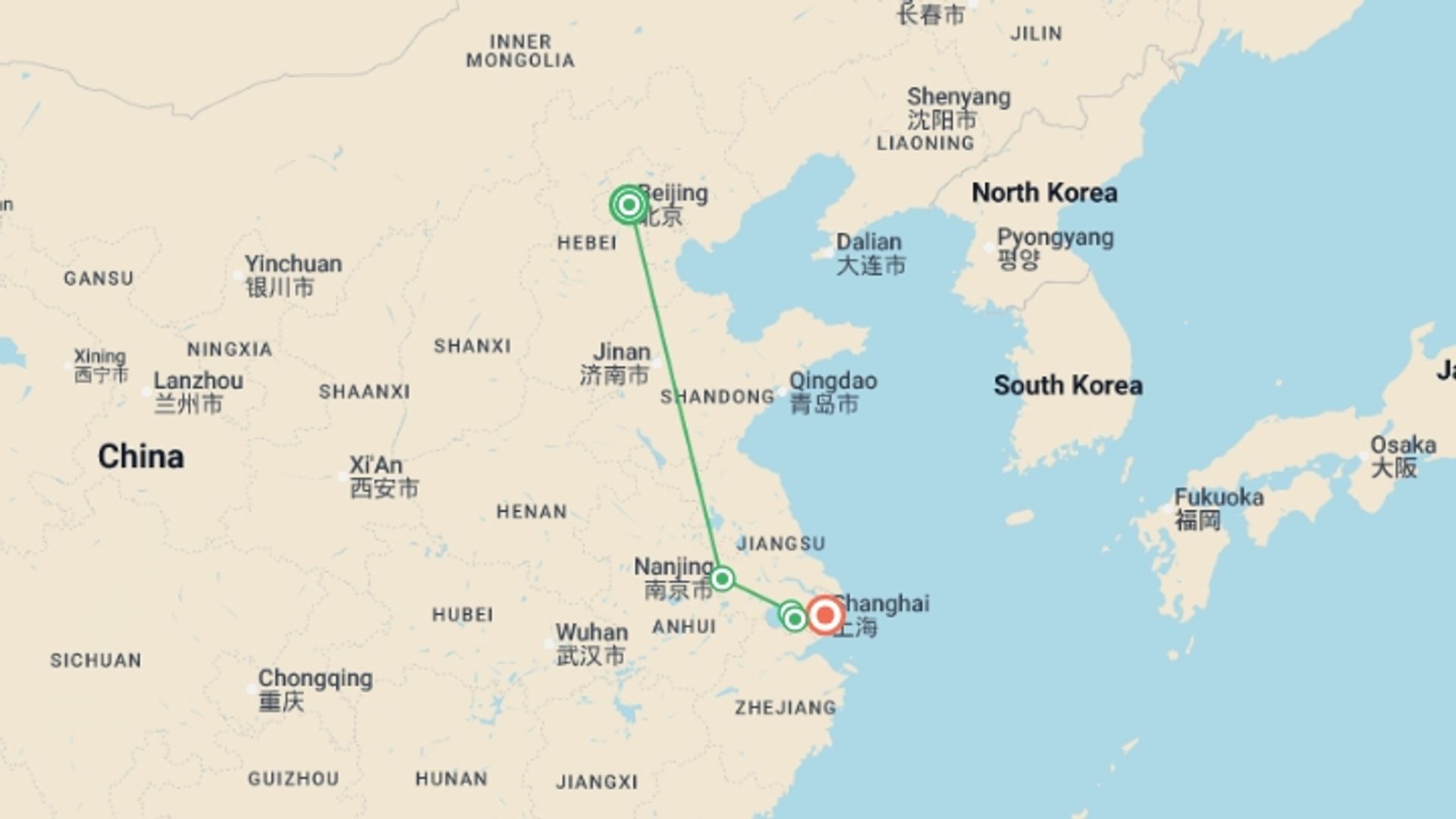 A map showing the tour itinerary for the trip: Beijing and Shanghai, starting in Beijing, China and ending in Shanghai, China going through 1 other destinations.