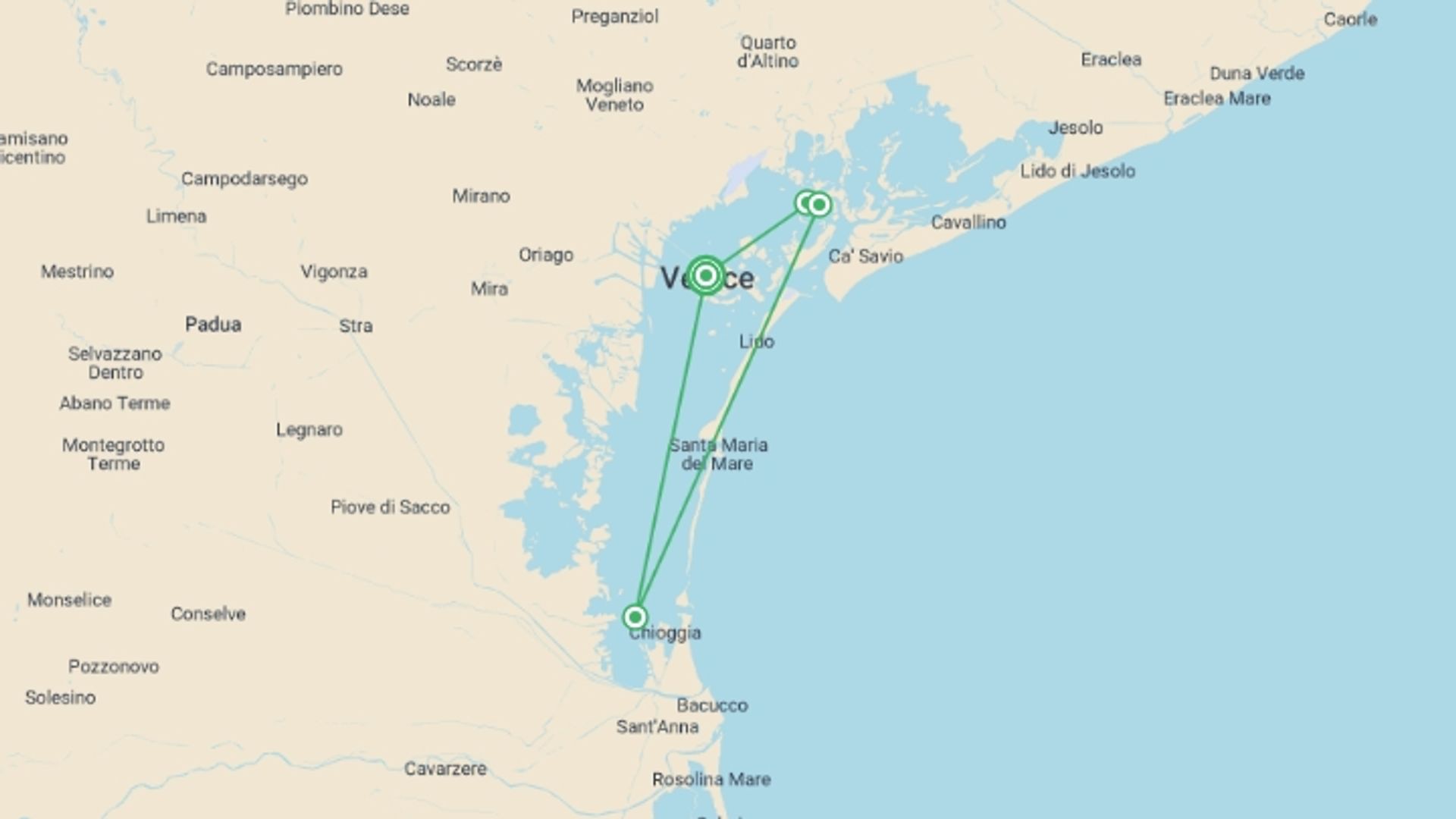 A map showing the tour itinerary for the trip: Venice at your pace (port-to-port package), starting in Venice, Italy and ending in Venice, Italy going through 1 other destinations.