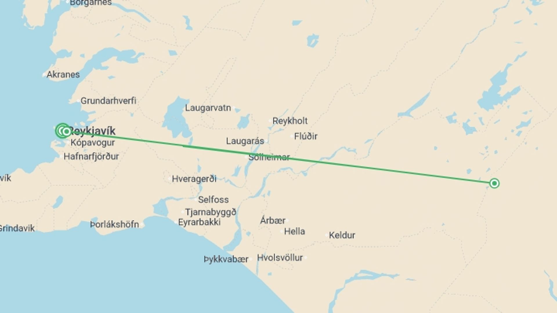 A map showing the tour itinerary for the trip: Iceland's Laugavegur Trail, starting in Reykjavik, Iceland and ending in Reykjavik, Iceland going through 2 other destinations.
