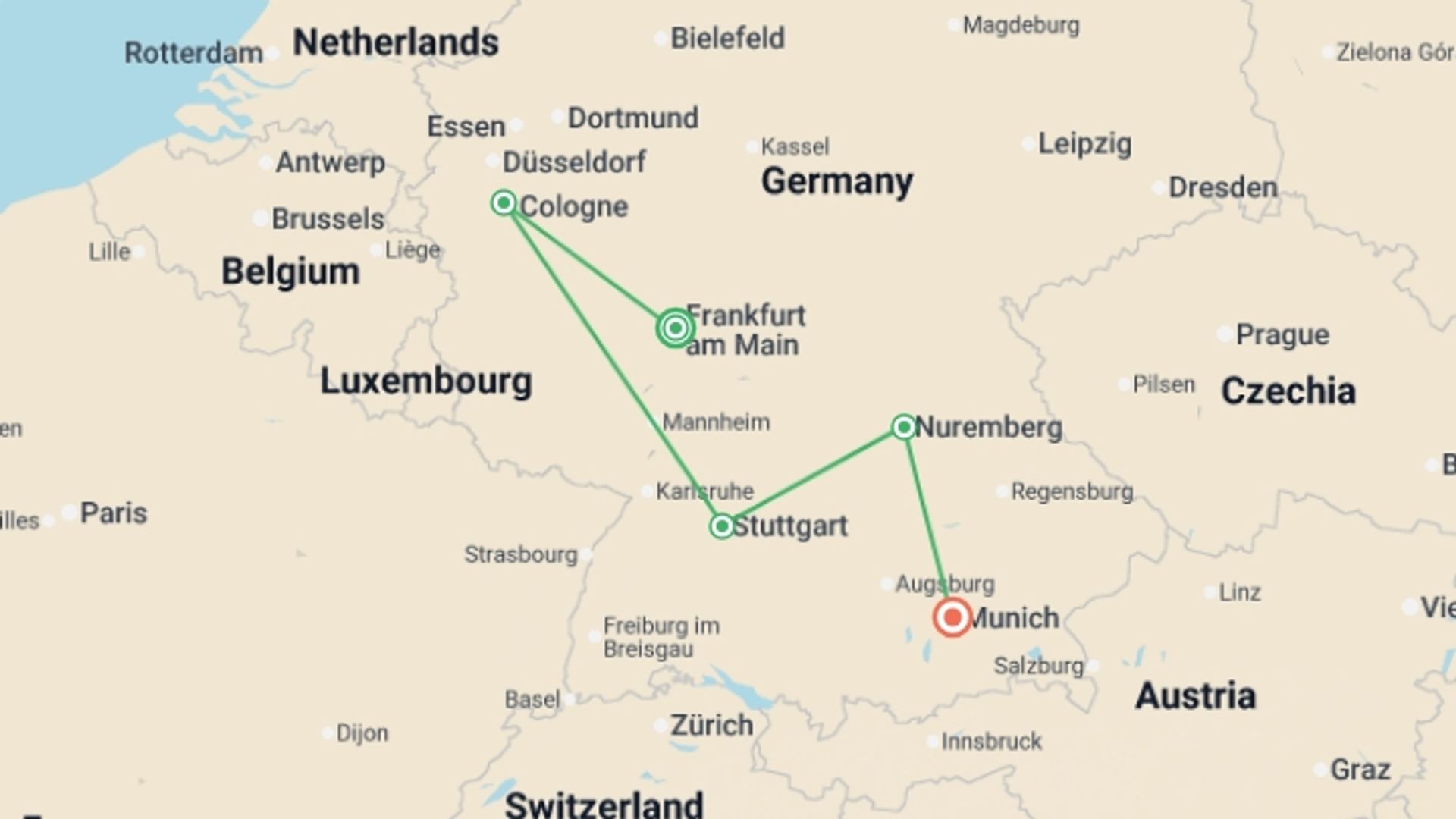 A map showing the tour itinerary for the trip: German Christmas Markets, starting in Frankfurt, Germany and ending in Munich, Germany going through 3 other destinations.